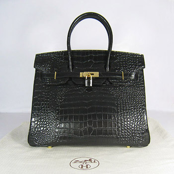 Hermes Birkin 35Cm Crocodile Stripe Handbags Black Gold